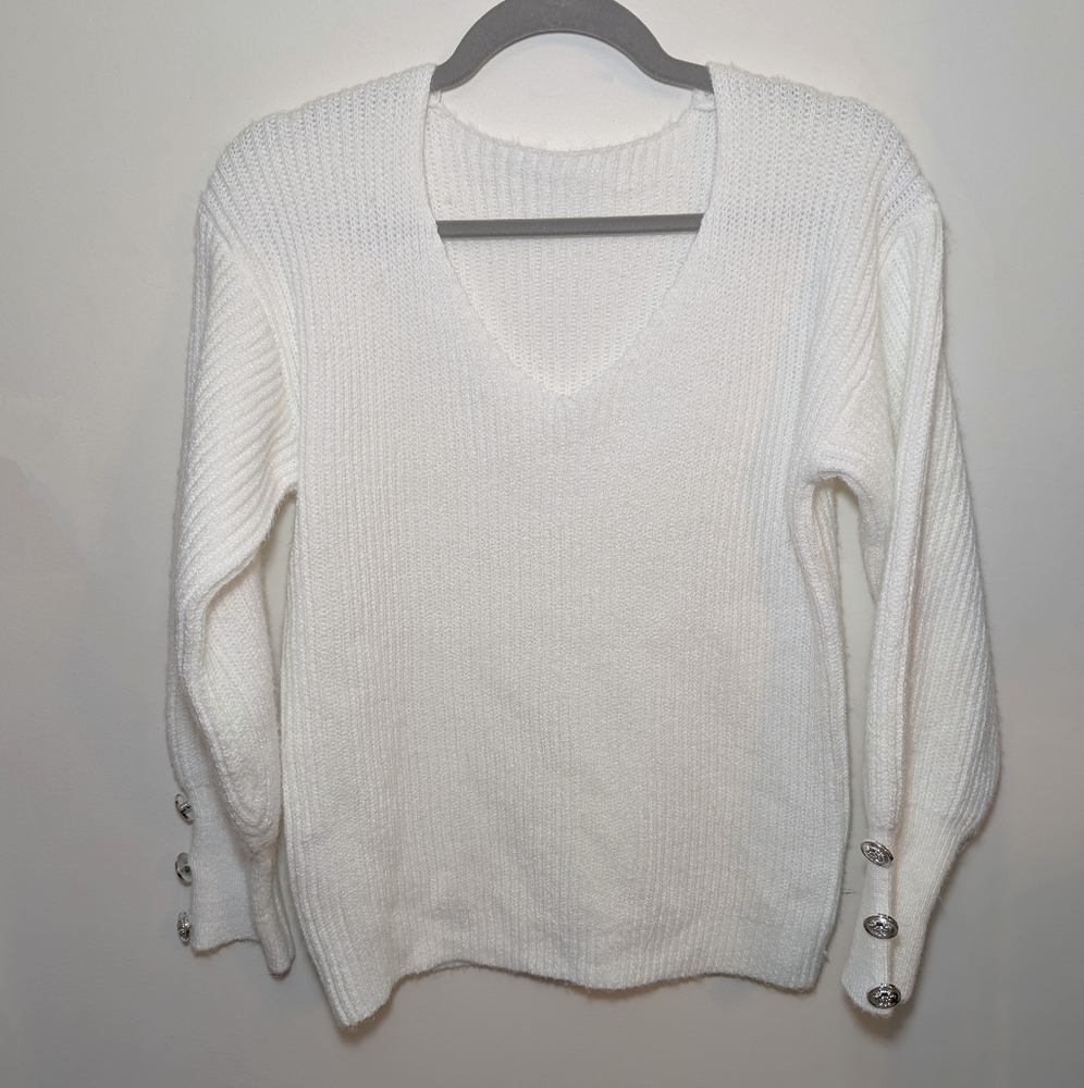 White V-Neck Sweater with Button Accents